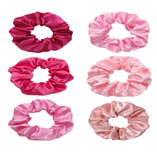 Set of six pink satin scrunchies 