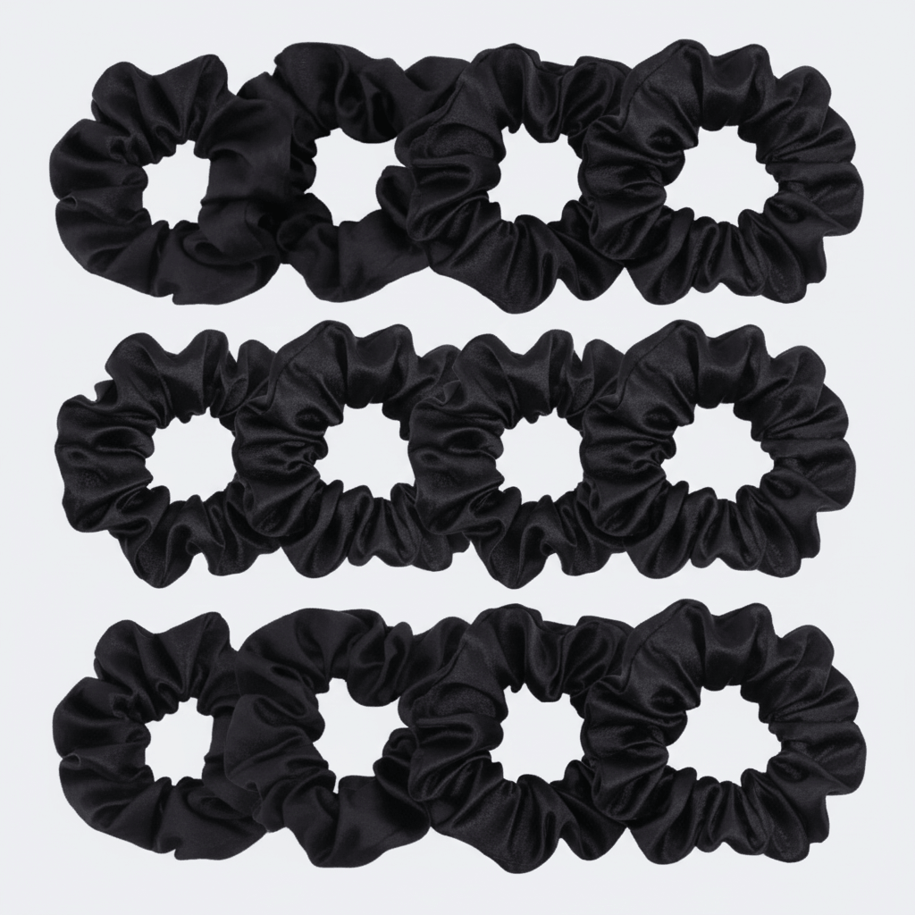 Set of black scrunchies on a light gray background