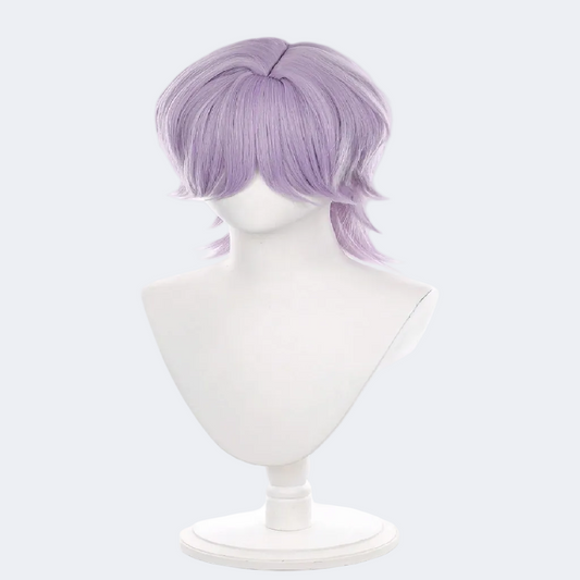 Purple wig on a white mannequin head against a white background
