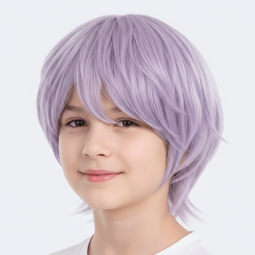 Purple wig on a white mannequin head against a white background