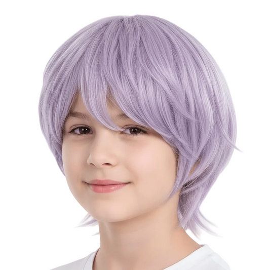 Purple wig on a white mannequin head against a white background