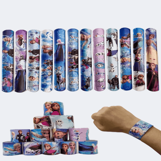 Set of Disney Frozen-themed band-aids with a hand wearing one, on a white background