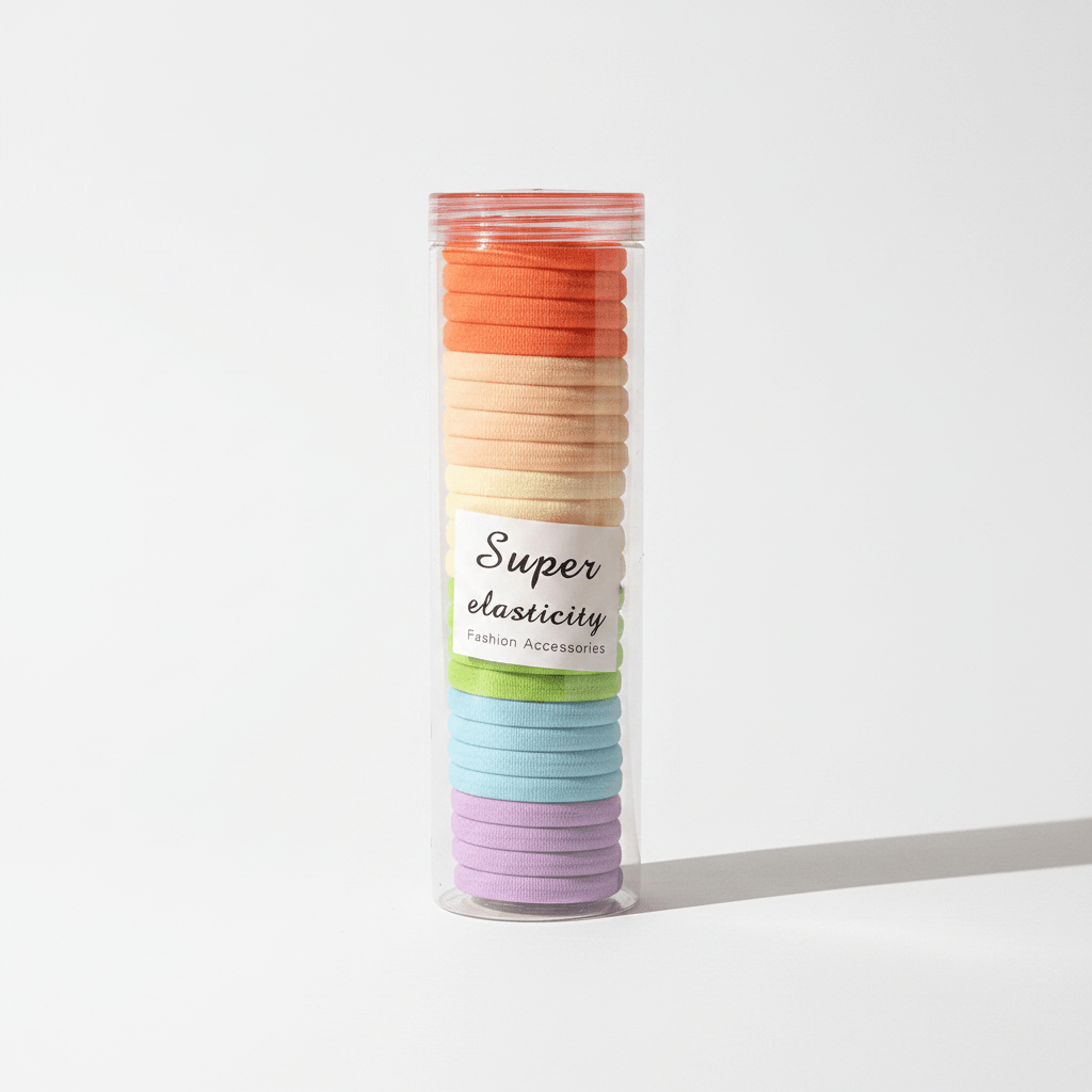 Tube of colorful hair elastics with 'Super elasticity' label on a white background