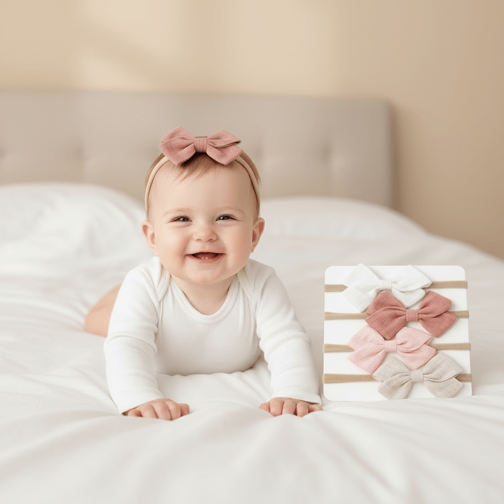Set of four fabric bows in white, pink, and beige on a striped background