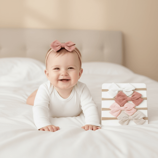 Set of four fabric bows in white, pink, and beige on a striped background