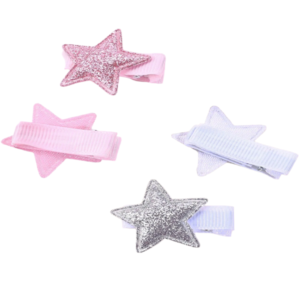 Star-shaped hair clips in pink, silver, and white
