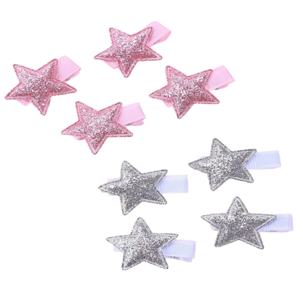 Star-shaped hair clips in pink and silver