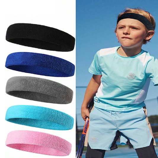Set of colorful headbands with a child playing tennis in the background.