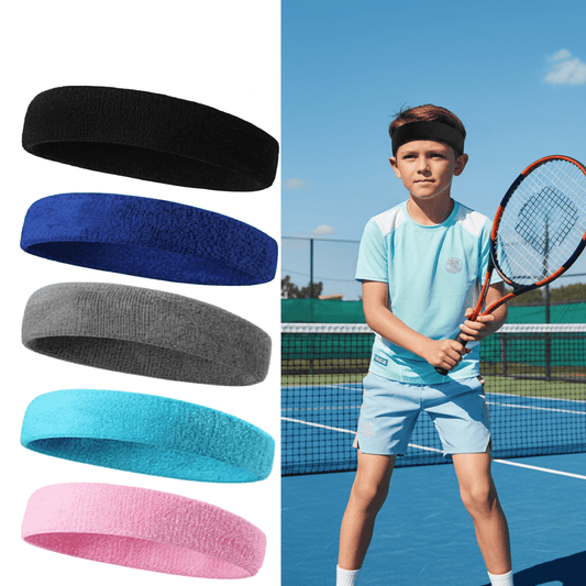 Tennis player on court with headbands in various colors displayed.