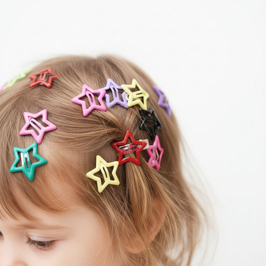 Colorful star-shaped hair clips on a white background