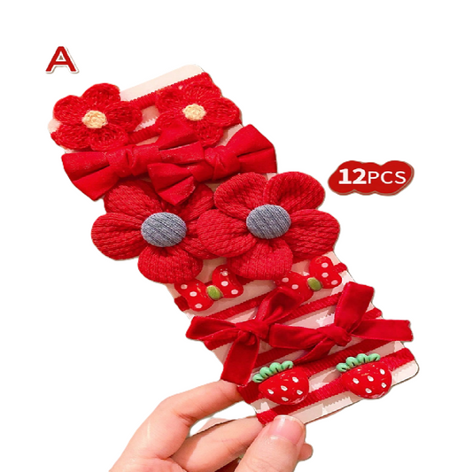 Set of red hair accessories with flowers and bows