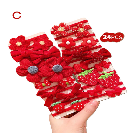 Set of red hair accessories with flowers and bows 