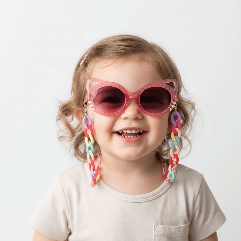 Child wearing pink sunglasses with colorful chain straps on a white background