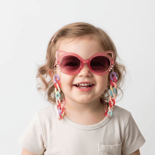 Child wearing pink sunglasses with colorful chain straps on a white background