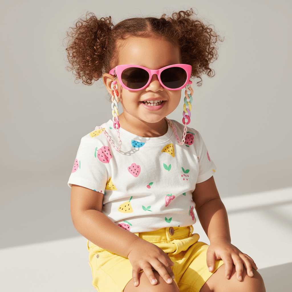 Child wearing pink sunglasses and colorful earrings, sitting on a white surface.