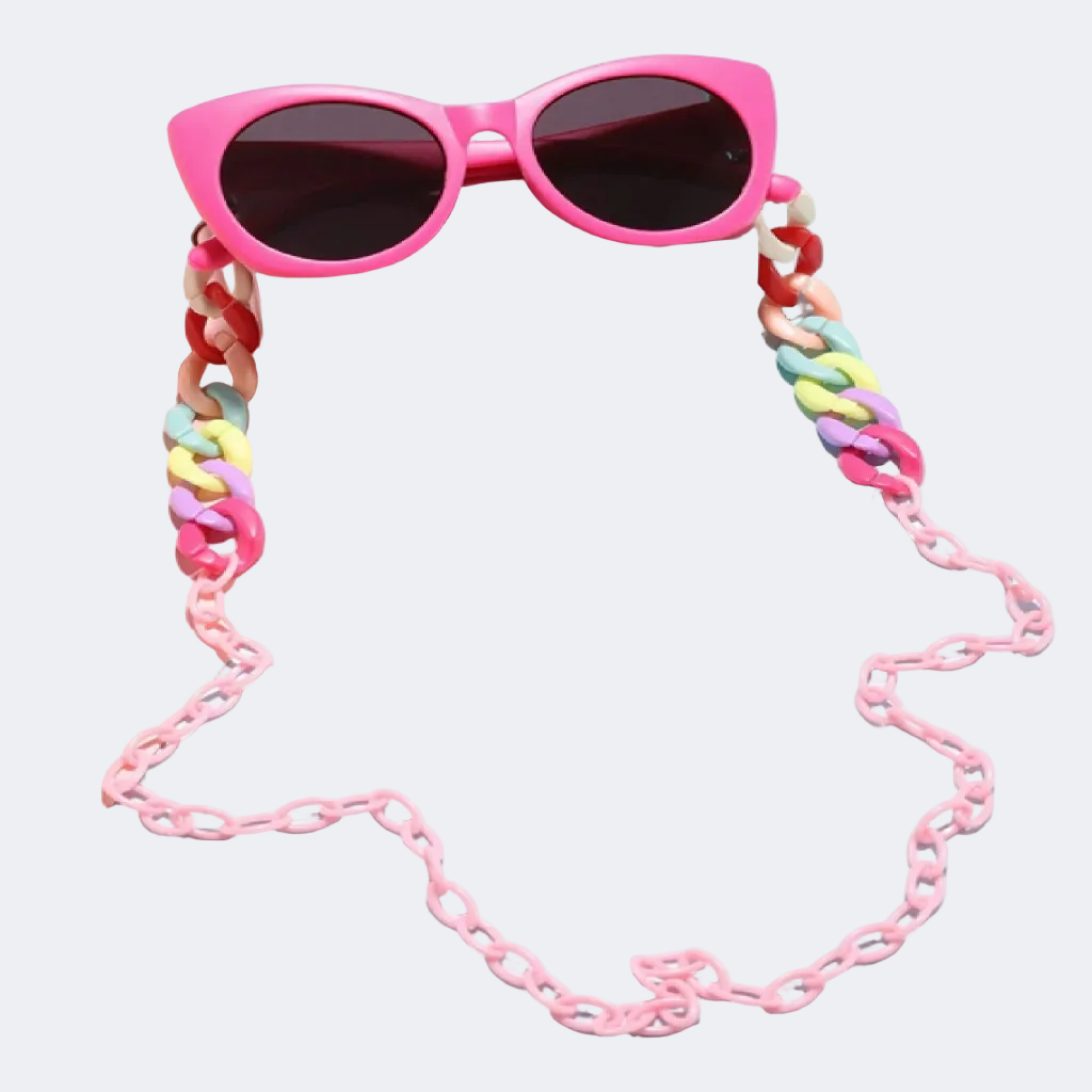 Pink sunglasses with a colorful braided chain on a white background