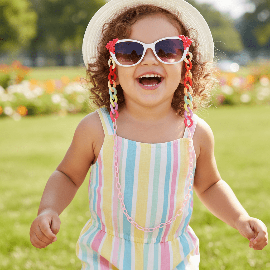 Child wearing colorful sunglasses and a striped dress in a park setting