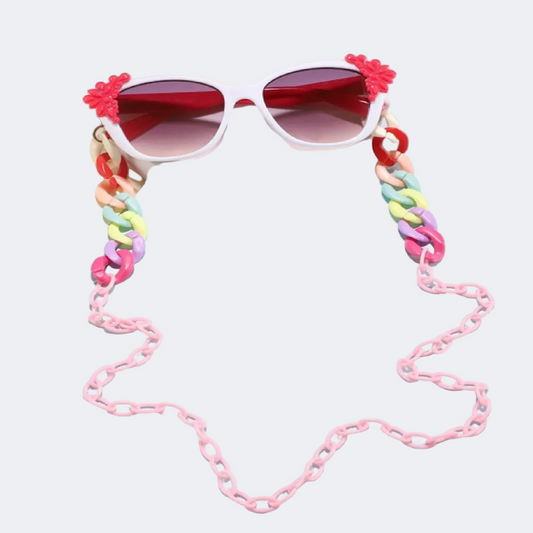 Sunglasses with a colorful chain strap on a white background