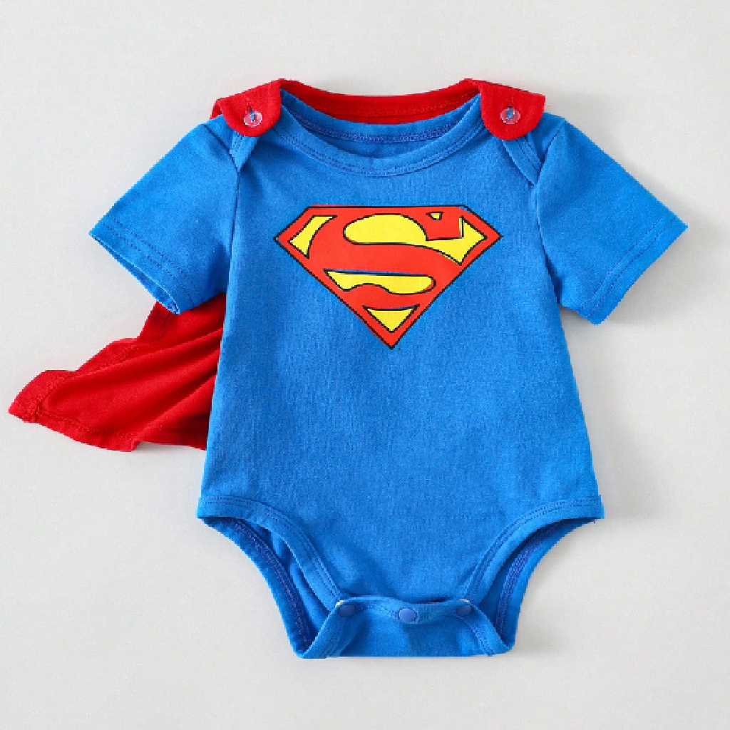 Blue baby onesie with Superman logo and red cape on a light gray background
