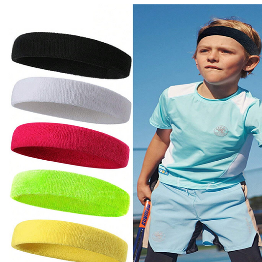 Set of colorful headbands with a child playing tennis wearing a black headband.