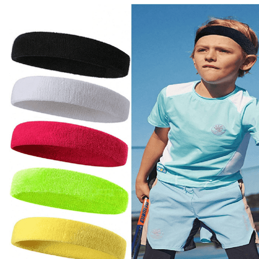 Set of colorful headbands with a child playing tennis wearing a black headband.
