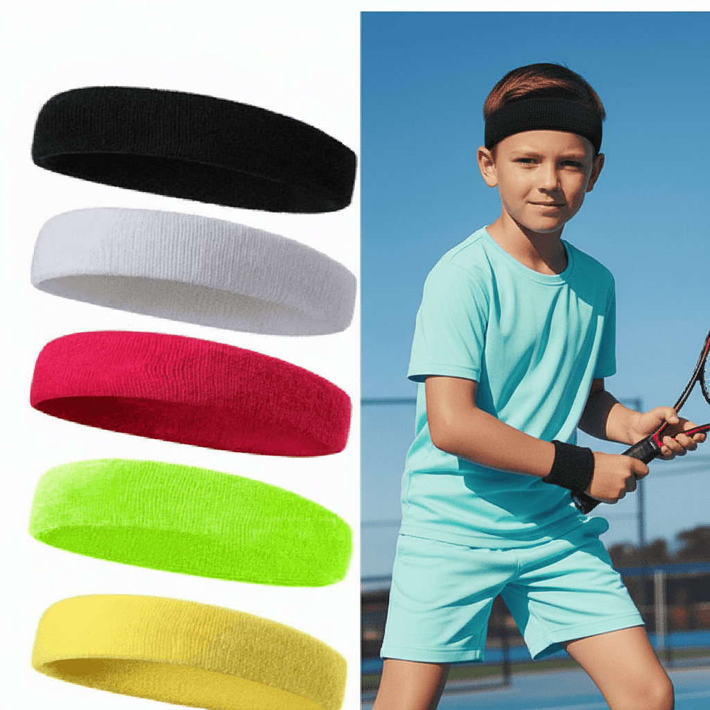Colorful headbands displayed with a child on a tennis court.
