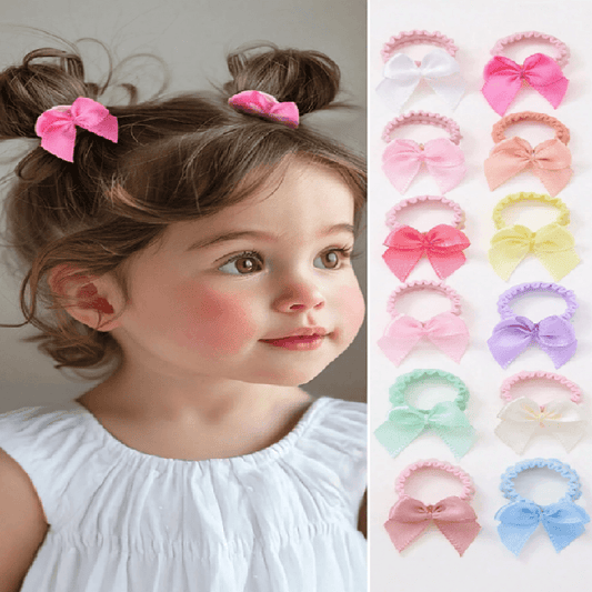 Child with pink hair bows and a display of colorful hair accessories