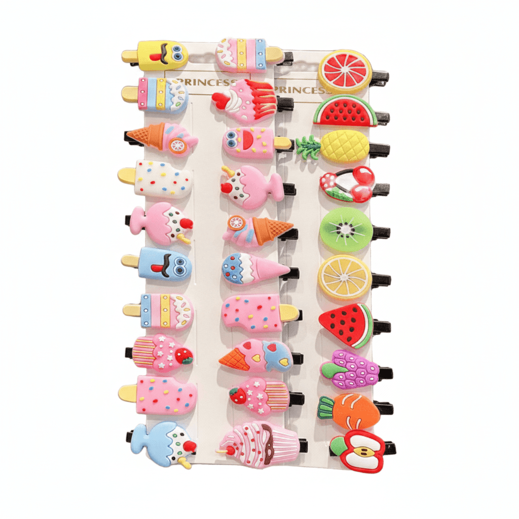 Set of colorful hair clips shaped like ice cream cones, fruits, and other desserts on a white background.