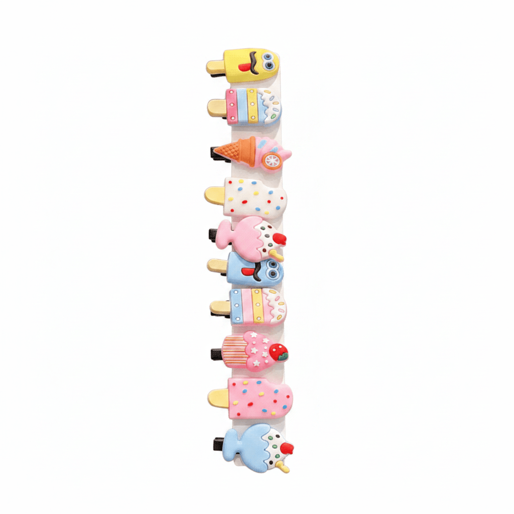 Set of colorful hair clips shaped like ice cream cones, fruits, and other desserts on a white background.