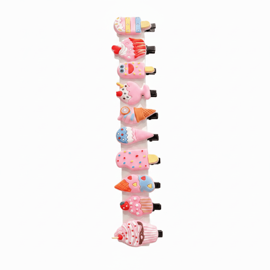Set of colorful hair clips shaped like ice cream cones, fruits, and other desserts on a white background.