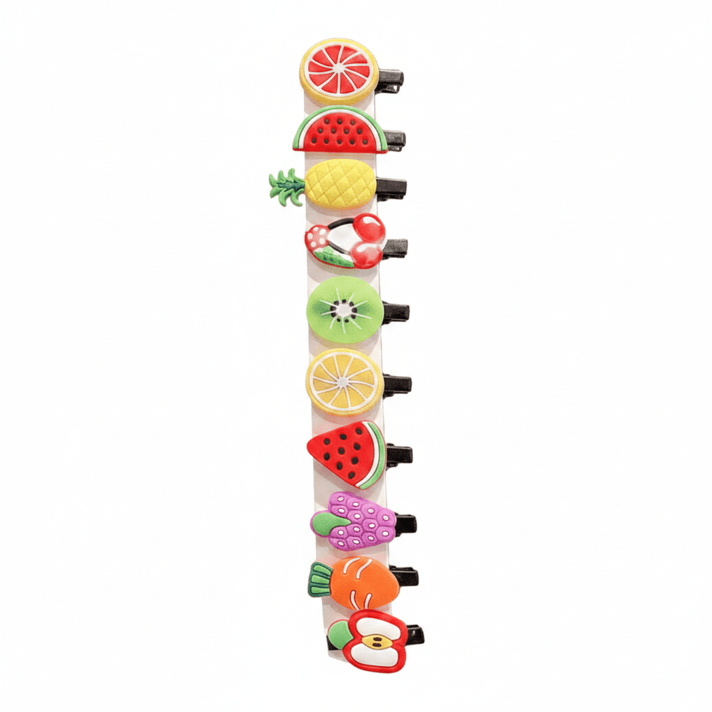 Set of colorful hair clips shaped like ice cream cones, fruits, and other desserts on a white background.