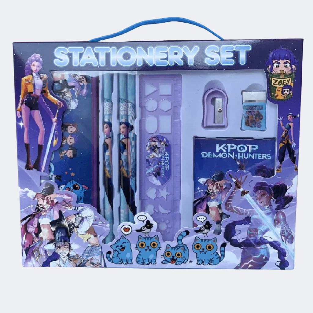 KPOP Demon Hunters stationery set packaging with character illustrations and stationery items.
