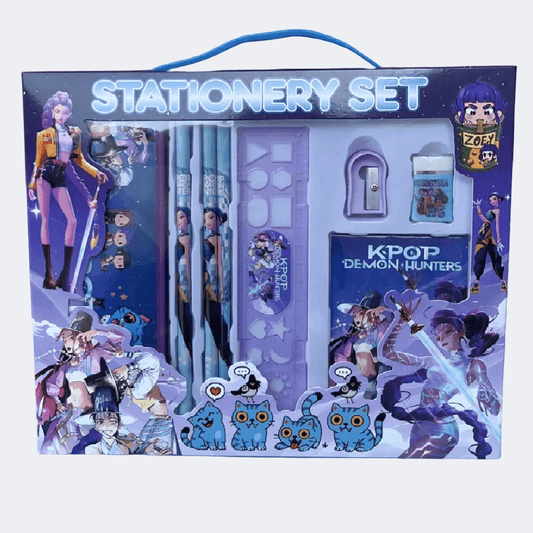 KPOP Demon Hunters stationery set packaging with character illustrations and stationery items.