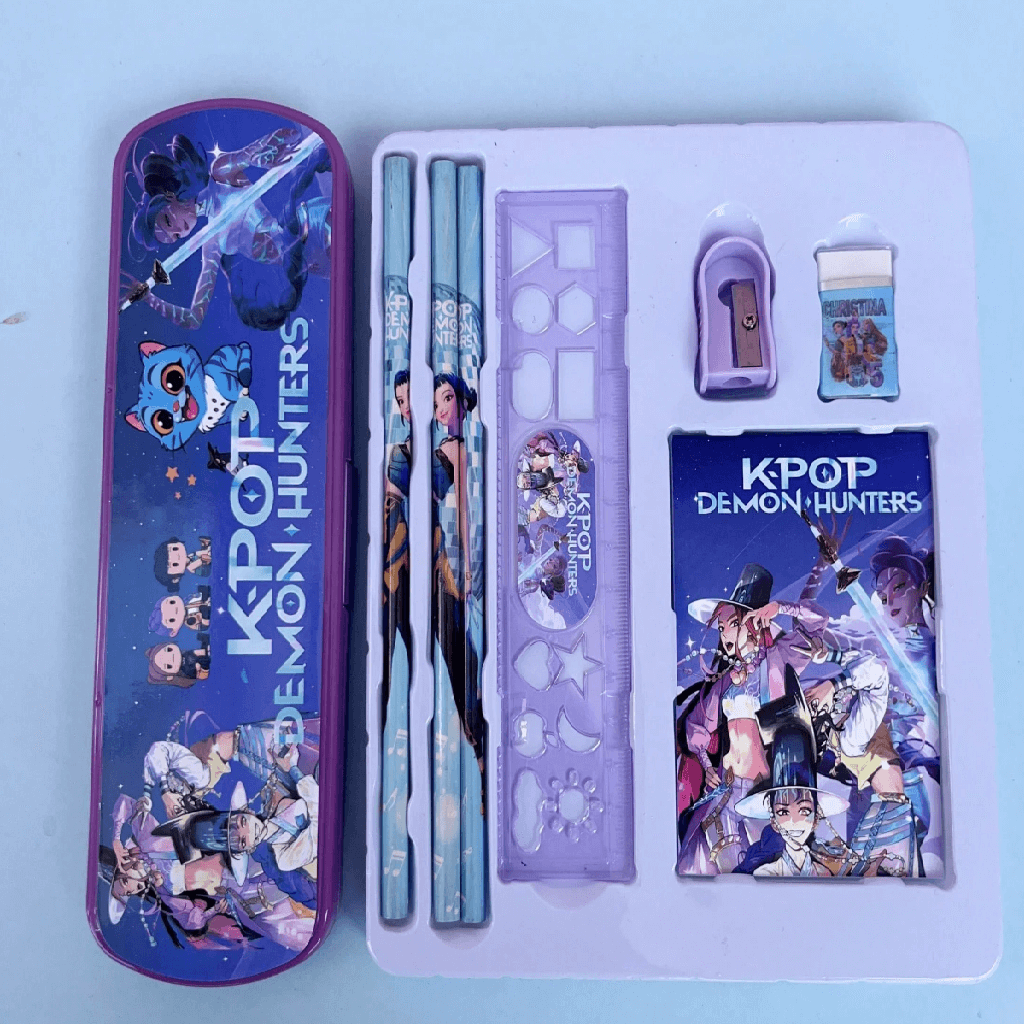 KPOP Demon Hunters pencil case with stationery items on a light blue background