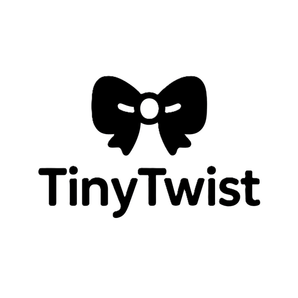 Black bow and 'Tiny Twist' text logo on a white background