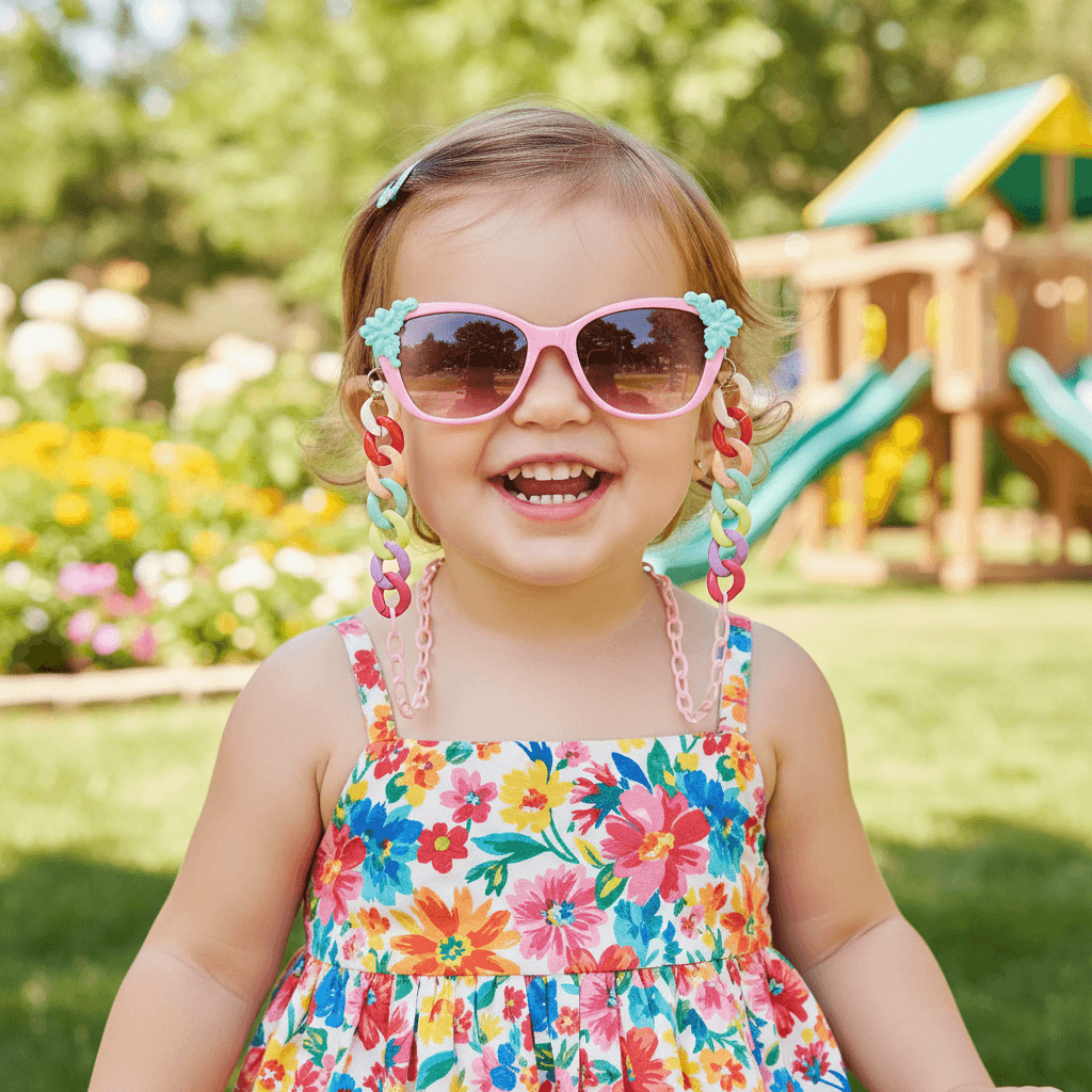 Child wearing pink sunglasses with floral designs in a park setting