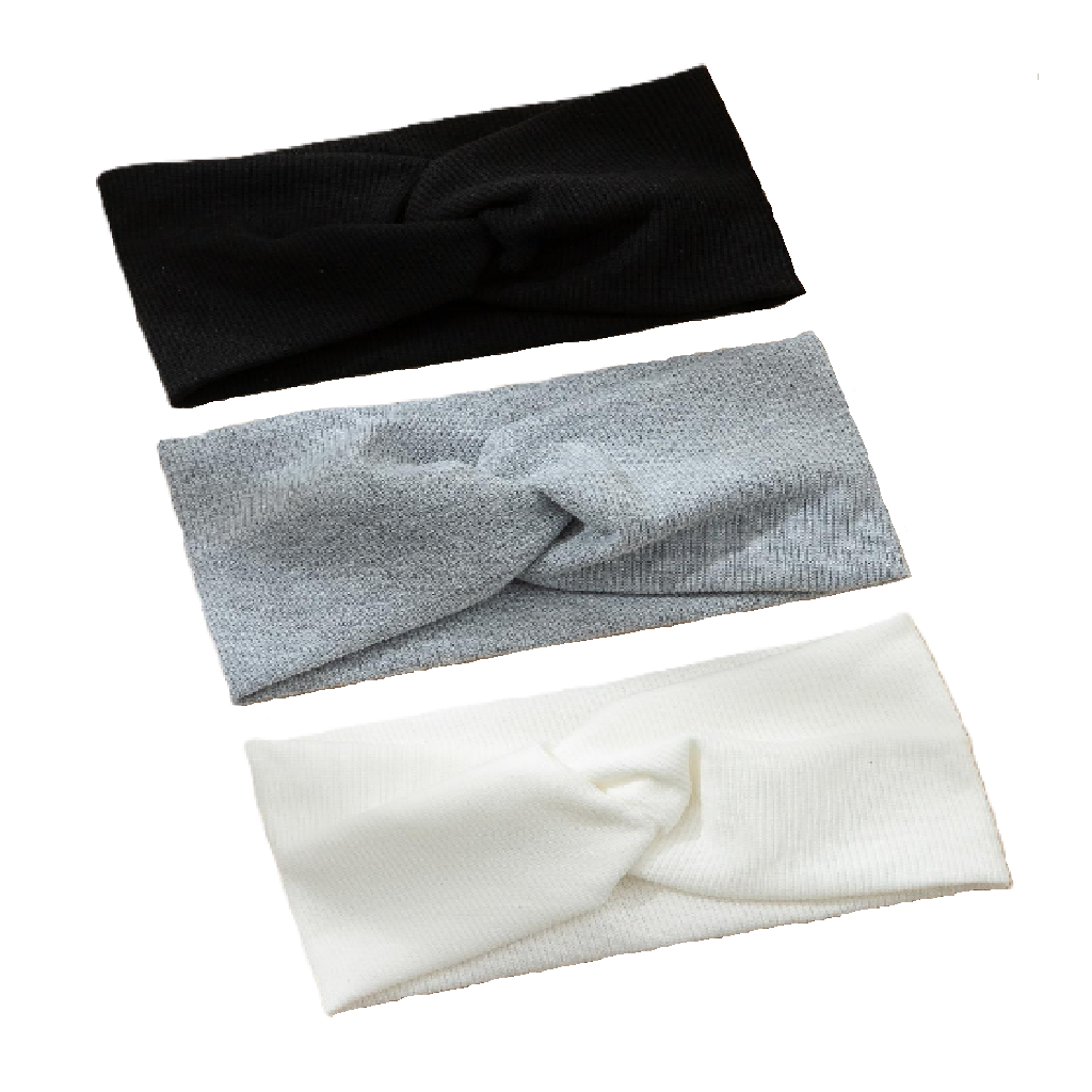 Three headbands in black, gray, and white on a white background