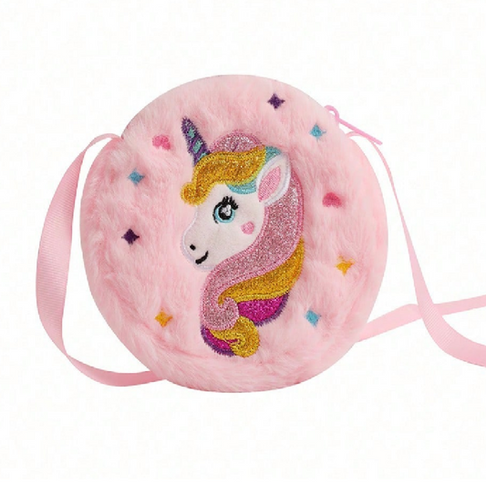 Pink plush bag with unicorn design on a white background
