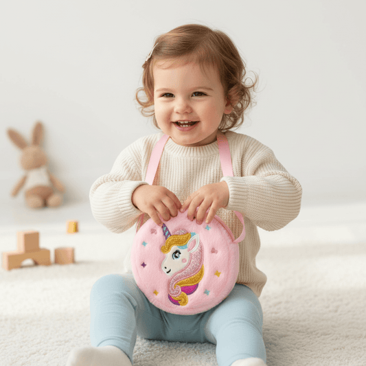 Pink plush bag with unicorn design on a white background