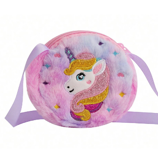 Plush unicorn bag with a pink strap on a white background