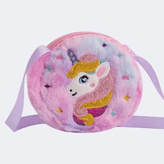 Plush unicorn bag with a pink strap on a light purple background