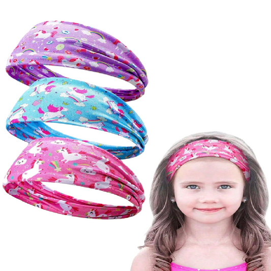 Set of colorful headbands with a girl wearing a pink headband on a white background
