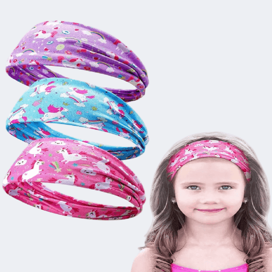 Three colorful headbands with a girl wearing a pink headband on a white background