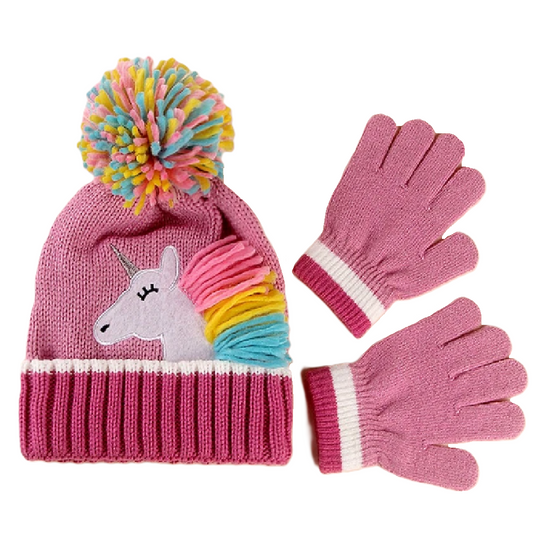 Pink knit hat with unicorn design and colorful pom-pom, paired with matching gloves on a white background.