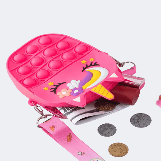 Pink pop-it pouch with unicorn design on a white background