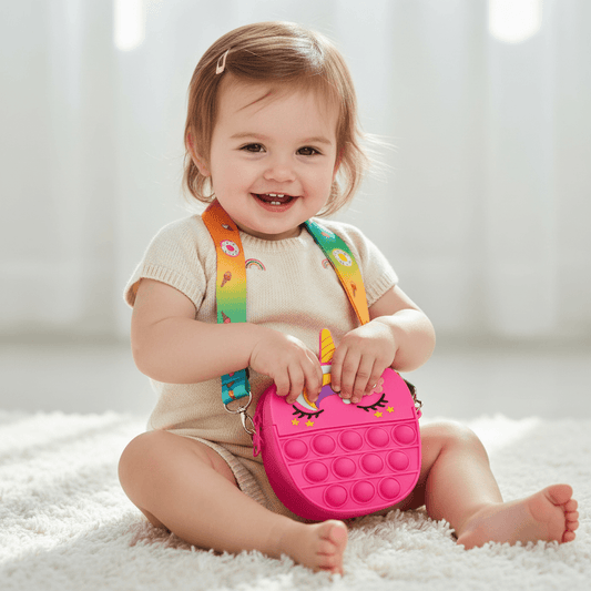 Pink unicorn-shaped fidget bag with a colorful strap on a pink background