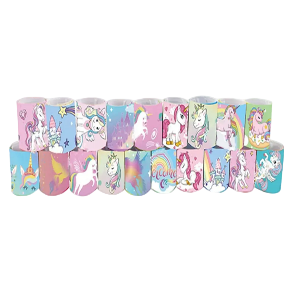 Assorted unicorn slap bracelets with rainbow designs.