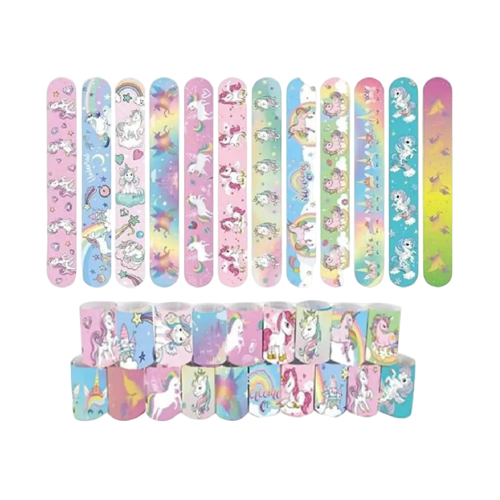 Colorful unicorn slap bracelets for kids.