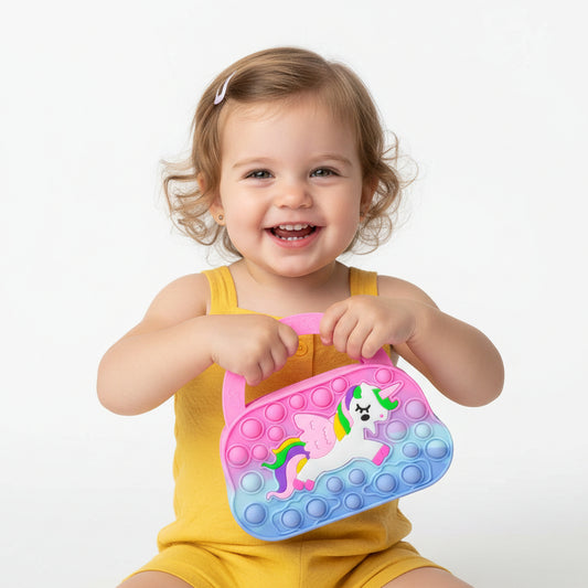 Pink and blue fidget toy with a unicorn design 