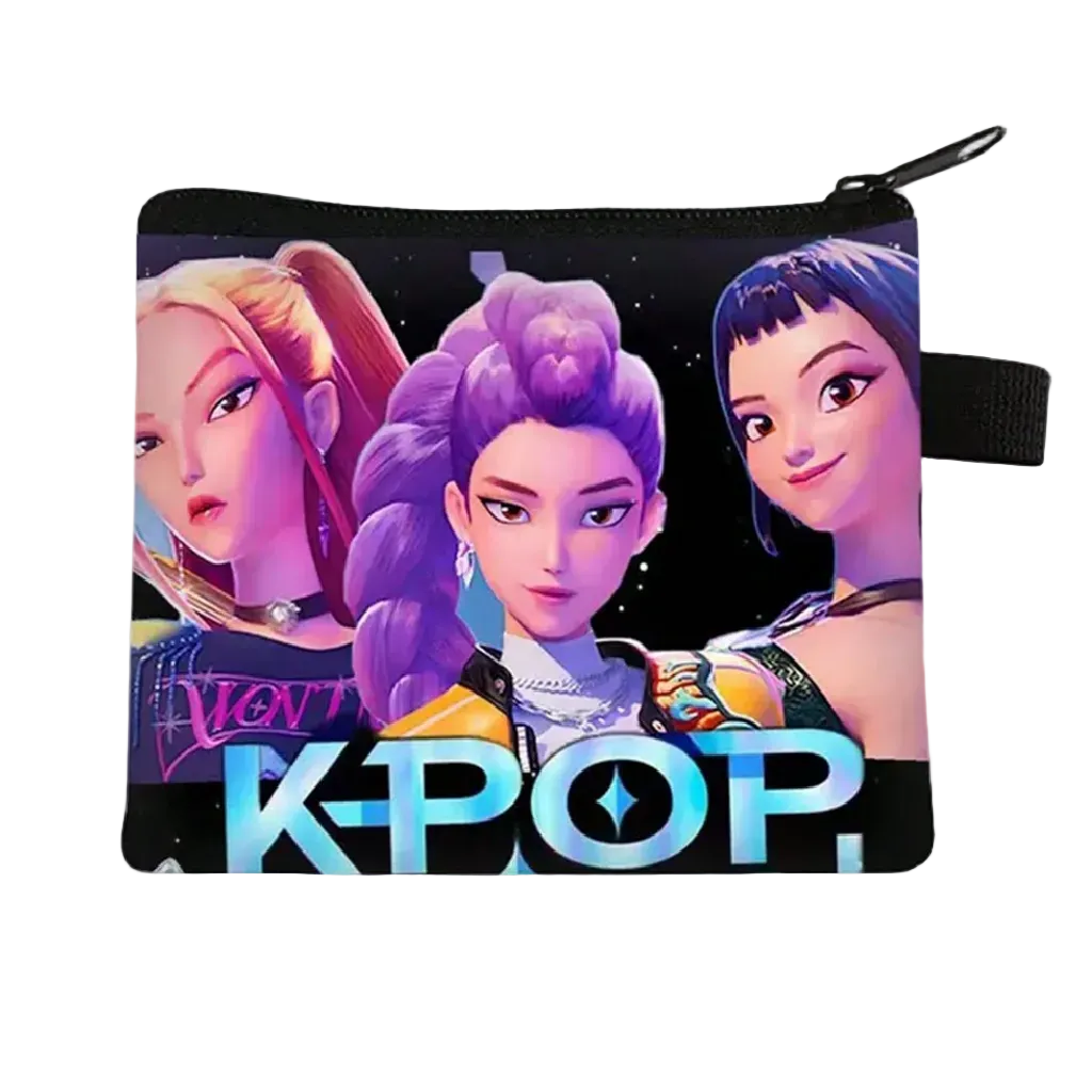 Pouch with K-style design featuring three animated characters on a white background
